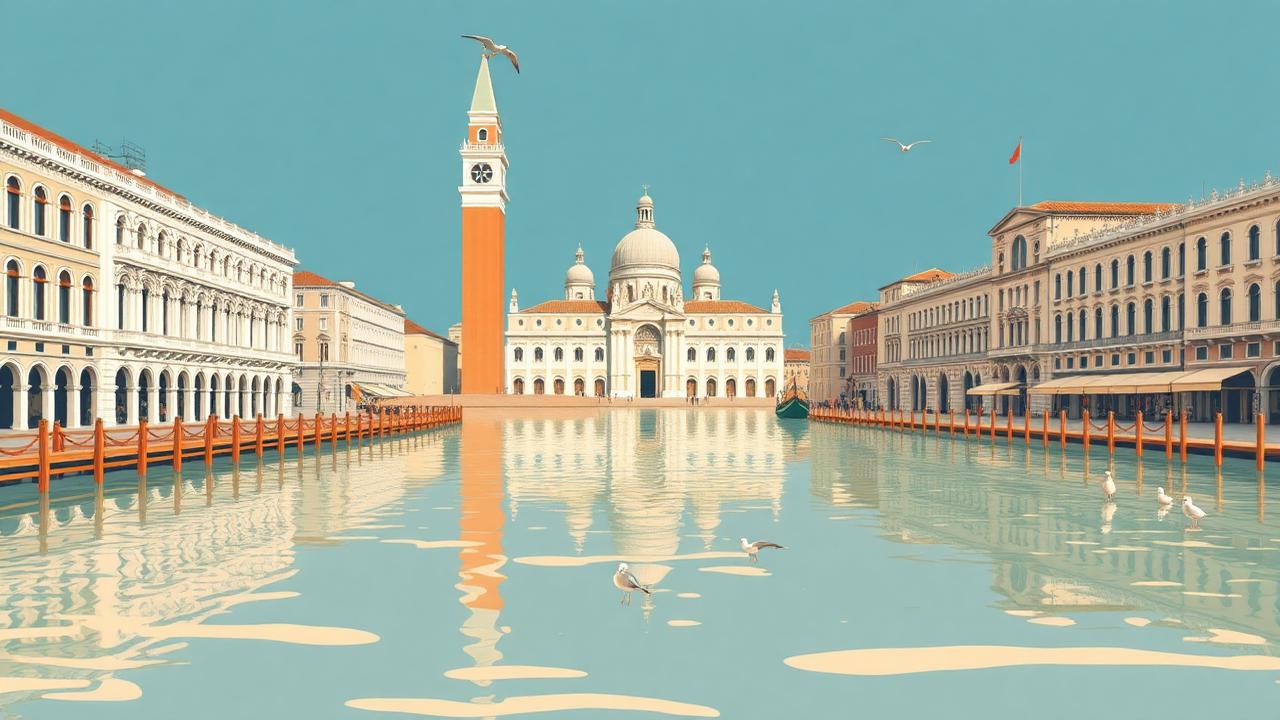 Illustrazione di Piazza San Marco con una sottile lastra d'acqua che riflette basilica e campanile, con passerelle e gabbiani