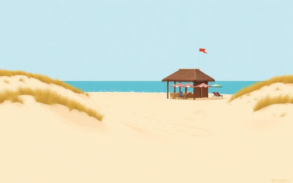 Illustrazione della spiaggia degli Alberoni con dune e un chiringuito di legno con tetto di paglia
