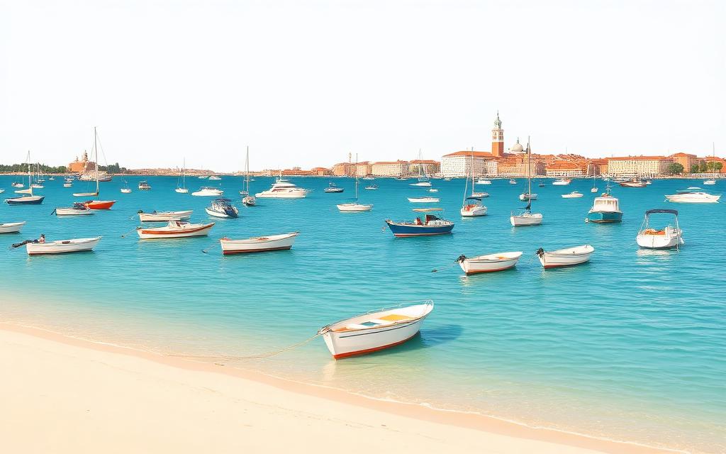Illustrazione della spiaggia del Bacan a Sant'Erasmo con molte barche all'ancora e Venezia all'orizzonte