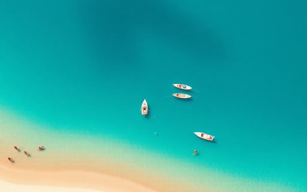 Illustrazione aerea di una baia lagunare con acqua bassa e turchese, barche all'ancora e bagnanti