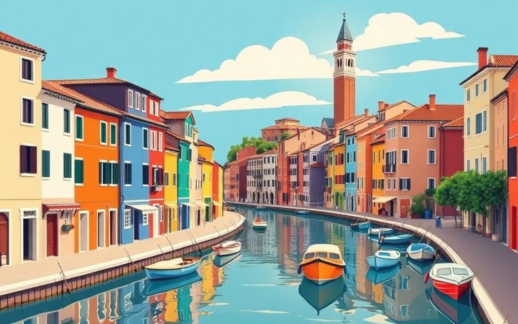 Illustrazione delle case colorate di Burano lungo il canale, con barche e il campanile inclinato
