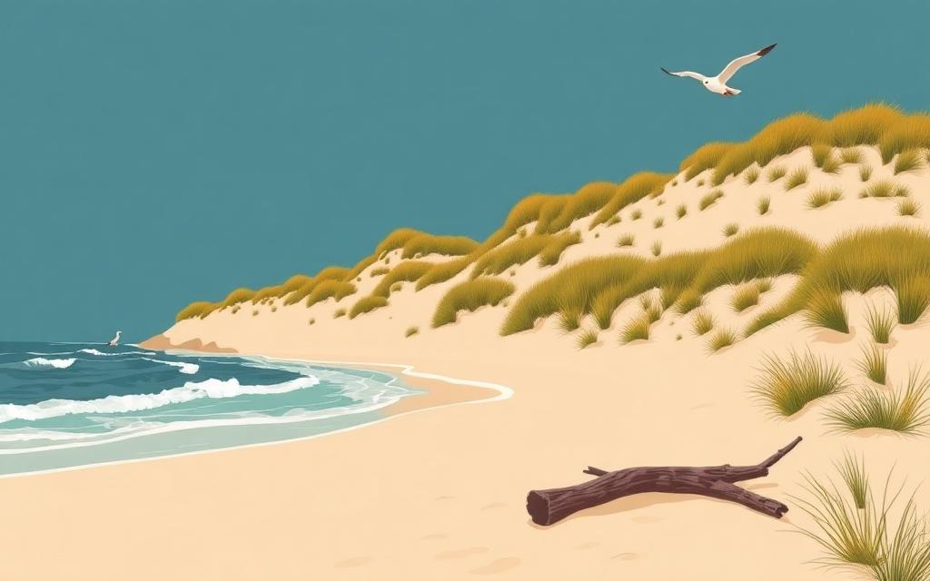Illustrazione della spiaggia selvaggia di Ca' Roman con dune, tronchi e un gabbiano in volo