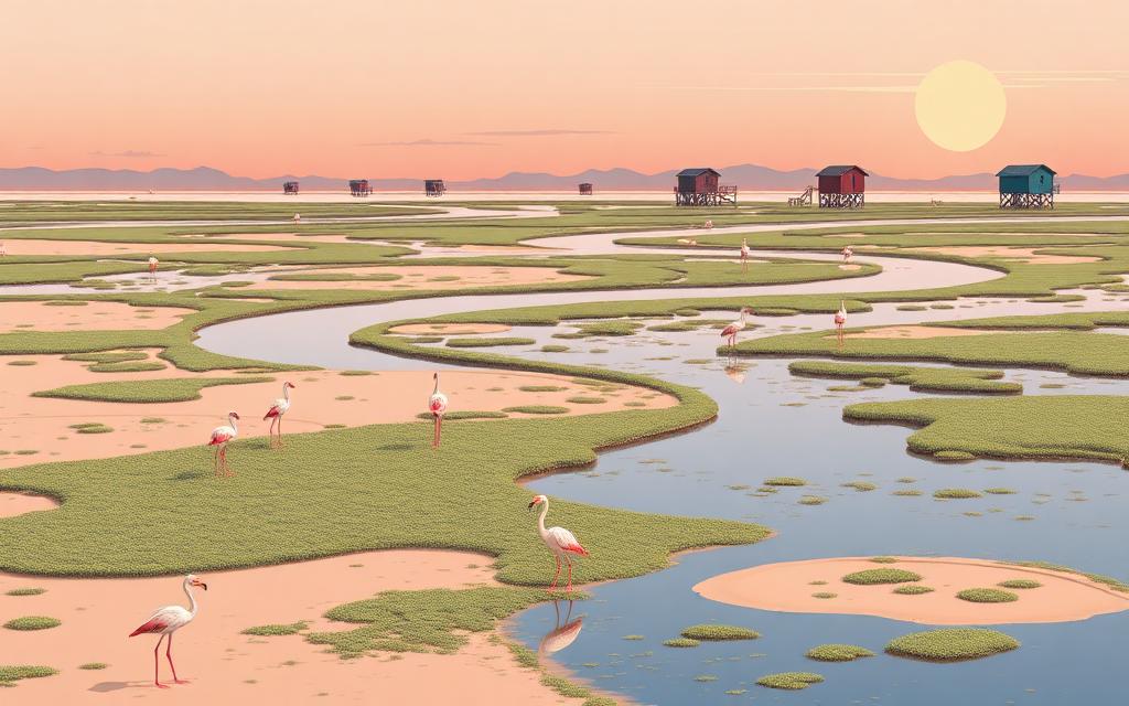 Illustrazione delle barene della laguna nord con canali, fenicotteri e casoni su palafitta al tramonto
