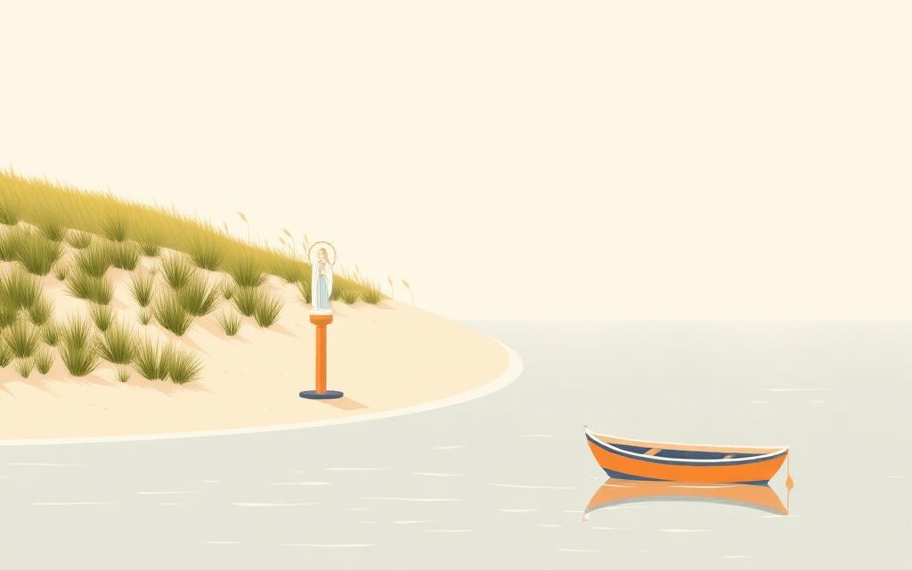 Illustrazione della spiaggetta della Madonnina a Ca' Roman: duna, statuetta votiva e barca all'ancora in acqua calma