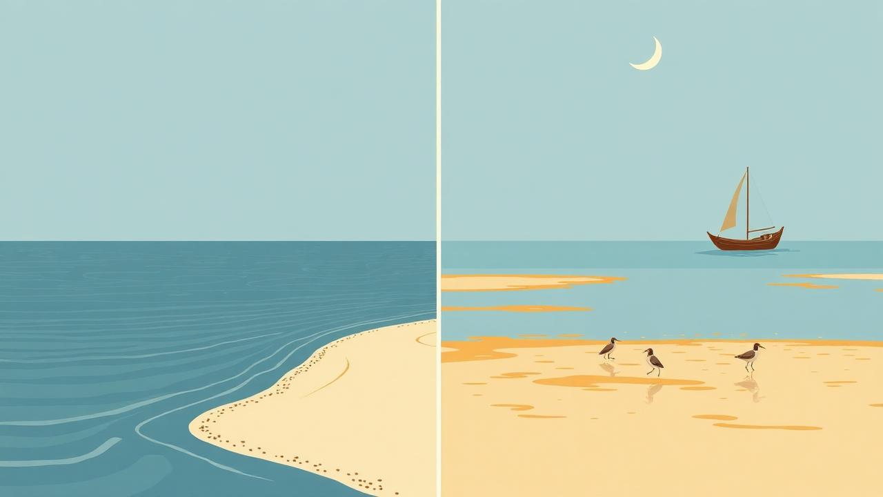 Illustrazione della laguna con alta e bassa marea a confronto: la stessa barena coperta d'acqua e scoperta, con una barca e uccelli