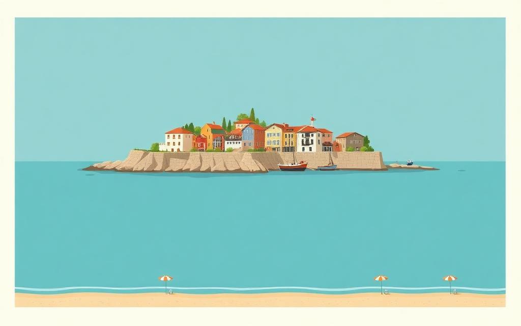 Illustrazione dell'isola di Pellestrina vista dal mare: case colorate dietro i Murazzi e spiagge con ombrelloni
