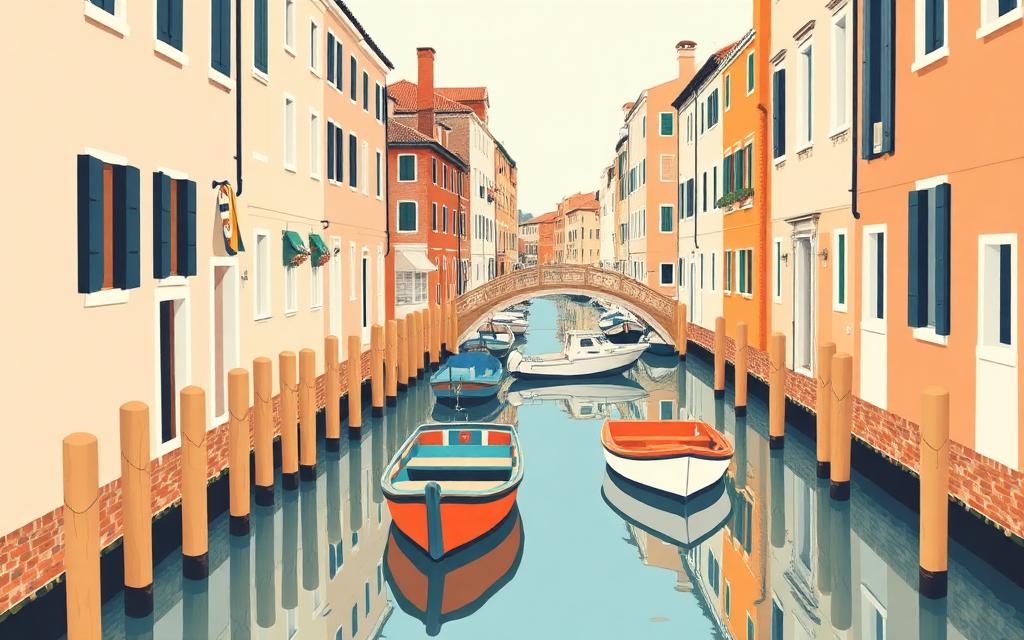 Illustrazione di un canale di Chioggia con bricole, barche da pesca e un ponte di mattoni