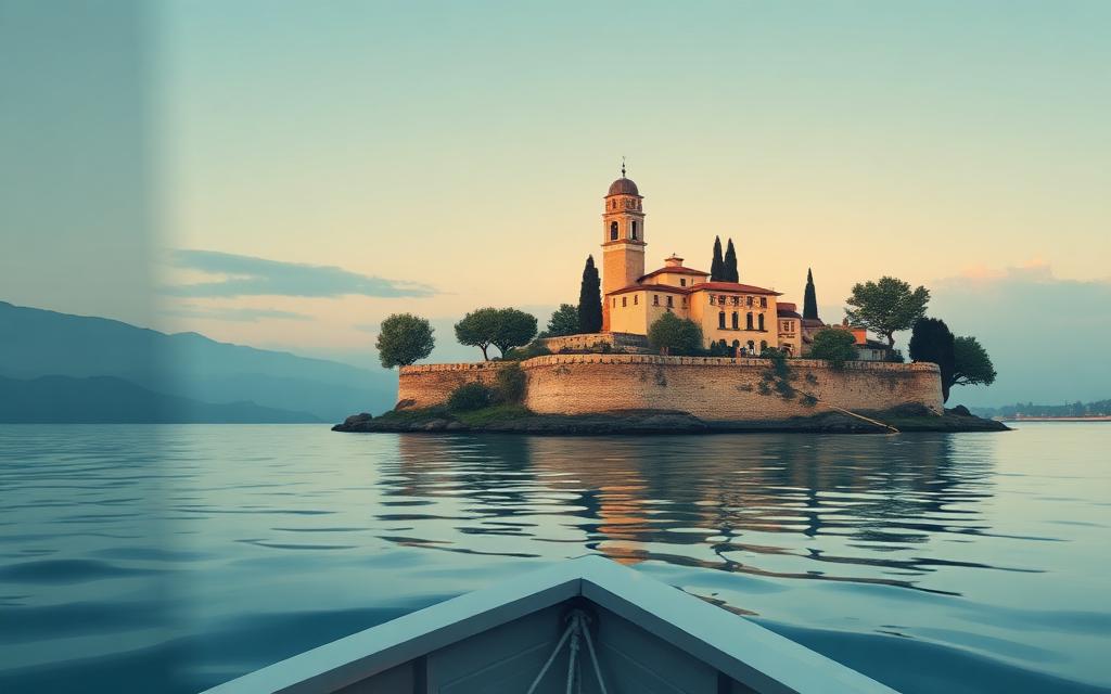 Illustrazione dell'isola di Poveglia vista da una barca: campanile, mura e cipressi nella luce della sera