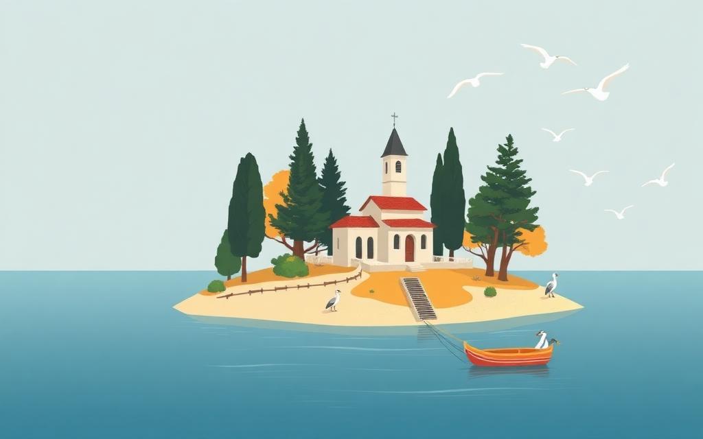 Illustrazione dell'isola di San Francesco del Deserto con chiesa, cipressi e un piccolo pontile