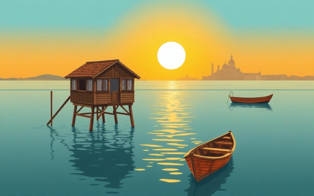 Illustrazione di un casone da pesca su palafitta in laguna al tramonto, con una barca di legno