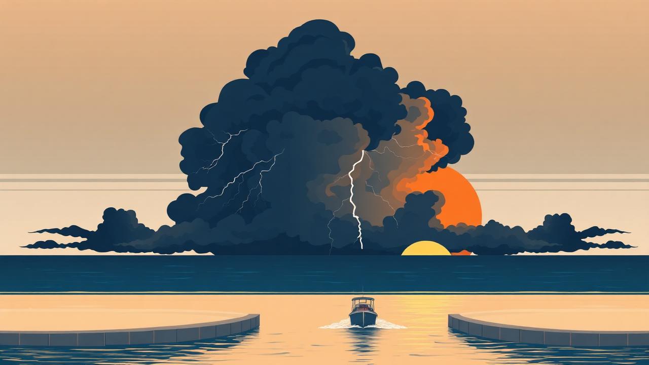 Illustrazione di un grande cumulonembo temporalesco al tramonto sul mare, con un motoscafo che rientra verso la bocca di porto