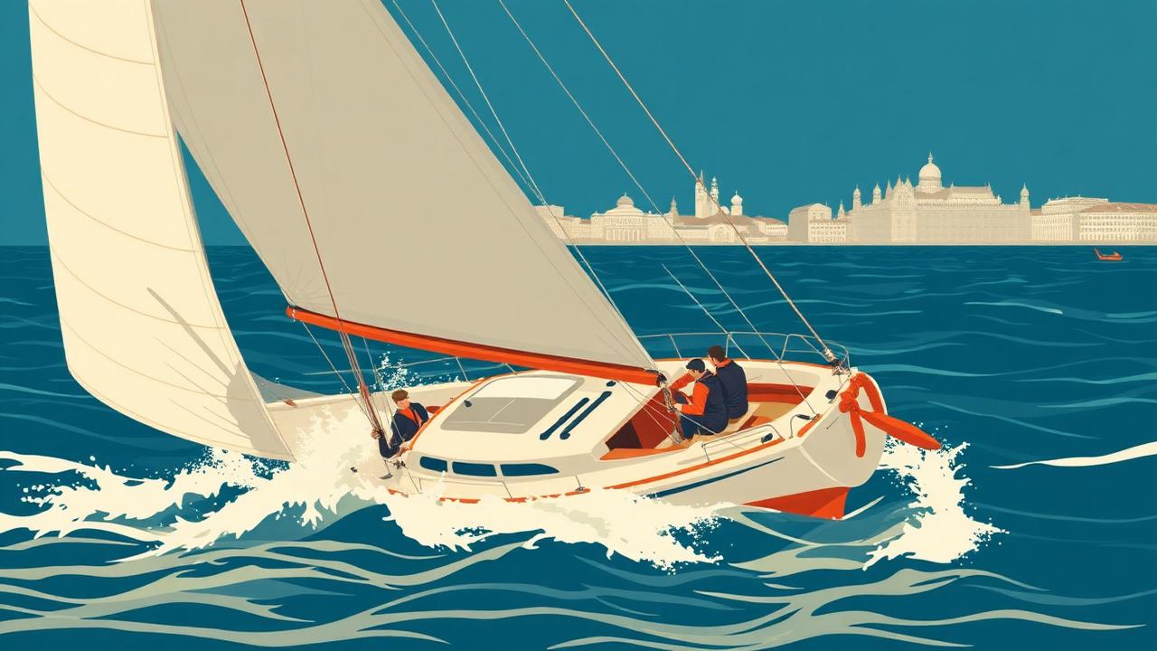 Illustrazione di una barca a vela sbandata sotto raffica con l'equipaggio al lavoro in pozzetto, Venezia sullo sfondo